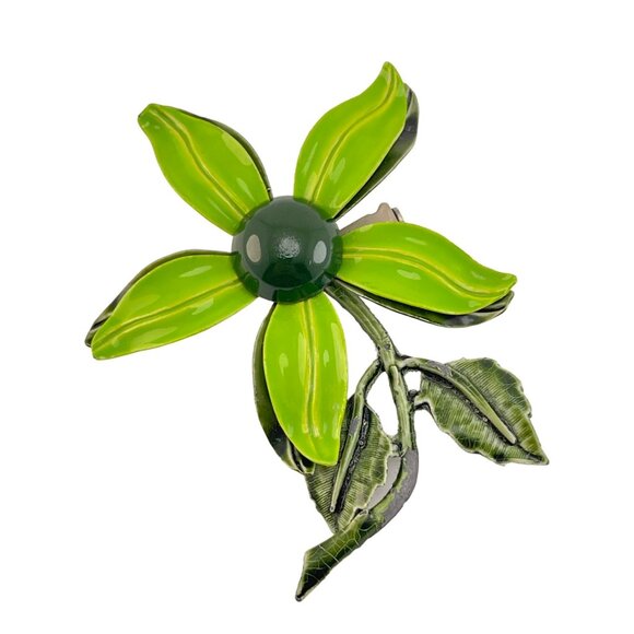 Flower Power 1970s Pin Brooch Vintage Enamel Green 3 inch - Picture 3 of 5